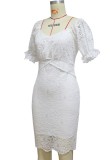 Summer Elegant White Lace Sweetheart Neck Midi Dress