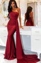 Summer Elegant Red One Shoulder Mermaid Evening Dress with Ribbon