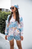 Autumn Floral Long Sleeve Shirt and Shorts Set with Matching Kerchief