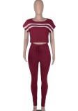 Summer Casual Red Stripe Cap Sleeve Crop Top and Matching Pants Set