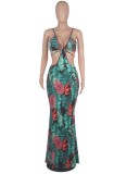 Summer Sexy Floral Green Hollow Out Halter Strap Mermaid Long Dress