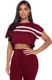 Summer Casual Red Stripe Cap Sleeve Crop Top and Matching Pants Set