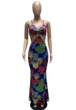 Summer Sexy Floral Blue Hollow Out Halter Strap Mermaid Long Dress
