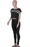 Summer Casual Black Stripe Cap Sleeve Crop Top and Matching Pants Set