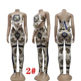 Summer Retro Floral Straples Crop Top and Fitted Pants Set