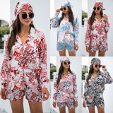 Autumn Floral Long Sleeve Shirt and Shorts Set with Matching Kerchief