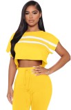 Summer Casual Yellow Stripe Cap Sleeve Crop Top and Matching Pants Set