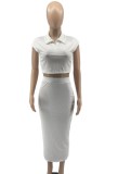 Summer Solid Color Turndown Neck Cap Sleeve Crop Top and Matching Skinny Long Skirt Set