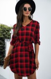 Autumn Red V Neck Long Sleeve Plaid Casual Dress with Belt