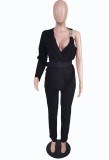 Autumn Casaul Black One long Sleeve With Chain Straps Blazer and Pant Set
