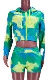 Autumn Casaul Tie dye Hoodies Top and Shorts Set