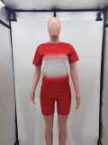 Summer Casual Red Two Piece Matching Gradient Shirt and Biker Shorts Set