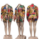 Summer Plus Size Retro Floral Long Sleeve Shirt and Matching Shorts Set