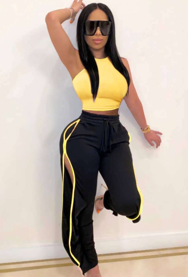Summer Sexy Yellow Tight Solid Crop Top and Slit Contrast Piping Pant Set