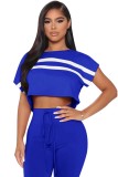 Summer Casual Blue Stripe Cap Sleeve Crop Top and Matching Pants Set