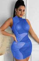 Mini abito estivo senza maniche a contrasto blu sexy trasparente