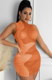 Summer Sexy Orange Contrast See Through Sleeveless Mini Dress