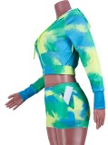 Autumn Casaul Tie dye Hoodies Top and Shorts Set
