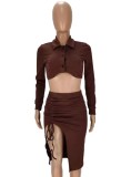 Autumn Casaul Brown Long Sleeve Turndown Collar Top with Wrinkle String skirt Set