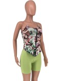 Summer Sexy Green Printed Fitted Strapless Top and Matching Shorts Set
