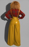 Autumn Yellow Leather High Waist Wide Legges Suspender Trousers with Belt