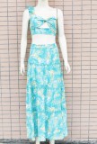 Summer Print Green One Shoulder Crop Top and Long Skirt 2 Piece Sundress Set