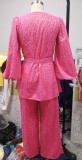 Autumn Pink Print Puff Sleeve Blouse and Pants 2 Piece Set