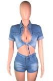 Summer Casual Denim Knotted Crop Top and Shorts 2 Piece Set Blue