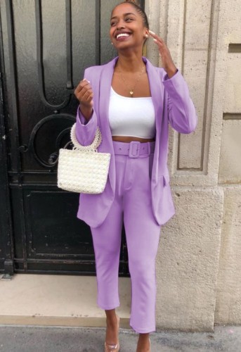 Autumn Professional Purple Long Blazer and Matching Pants 2 Piece Office Suit