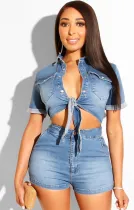 Summer Casual Denim Knotted Crop Top and Shorts 2 Piece Set Blue