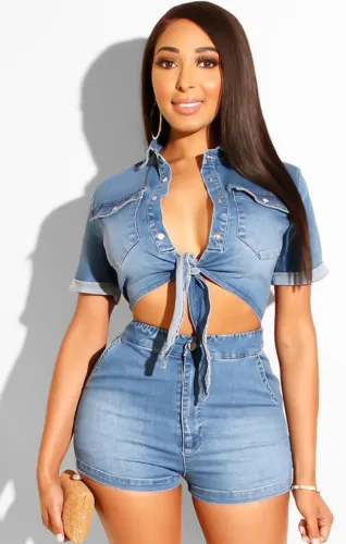 Summer Casual Denim Knotted Crop Top and Shorts 2 Piece Set Blue