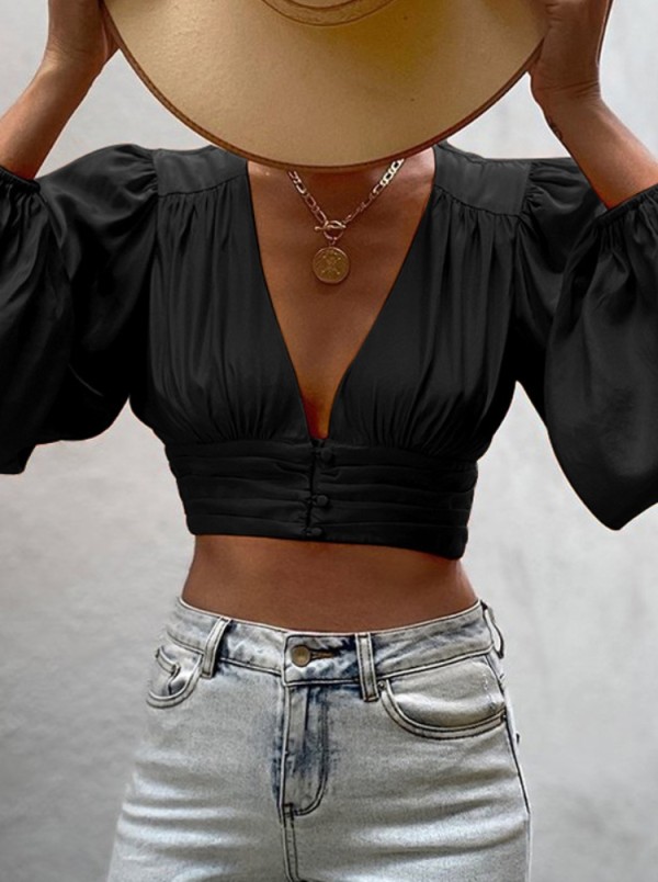 Autumn Casual Black Puff Sleeve V-Neck Crop Top