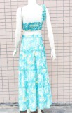 Summer Print Green One Shoulder Crop Top and Long Skirt 2 Piece Sundress Set