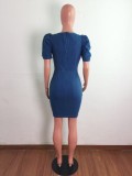 Summer Casual Square Puff Sleeve Denim Mini Bodycon Dress Blue