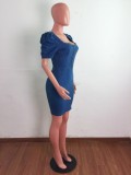Summer Casual Square Puff Sleeve Denim Mini Bodycon Dress Blue