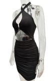 Summer Black Sexy Cut Out Wrap Halter Ruched Mini Dress