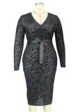 Autumn Plus Size Print Black Sexy See Through Wrap Midi Bodycon Dress