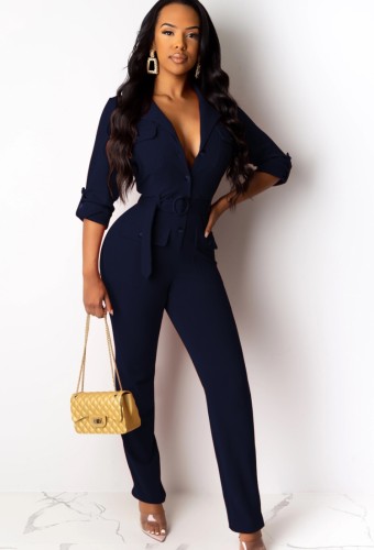 Autumn Professionable Button Up Blue Long Sleeve Office Jumpsuit with Belt
