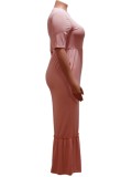 Summer Plus Size Pink Casual High Waist O-Neck Long Dress