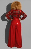 Autumn Red Leather High Waist Wide Legges Suspender Trousers with Belt