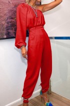 Autumn Formal Red One Shoulder Puff Sleeve Top and Pants 2 Piece Set