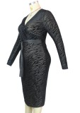 Autumn Plus Size Print Black Sexy See Through Wrap Midi Bodycon Dress