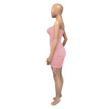 Summer Pink Ruched Strings Mini Club Dress