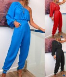 Autumn Formal Blue One Shoulder Puff Sleeve Top and Pants 2 Piece Set