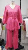 Autumn Pink Print Puff Sleeve Blouse and Pants 2 Piece Set