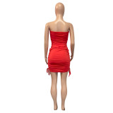 Summer Red Ruched Strings Mini Club Dress