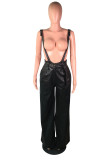 Autumn Black Leather High Waist Wide Legges Suspender Trousers with Belt