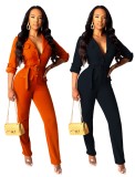 Autumn Professionable Button Up Blue Long Sleeve Office Jumpsuit with Belt