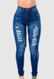 Autumn Blue Ripped High Waist Fitted Jeans