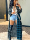 Autumn Color Block Plaid Long Blouse with Full Sleeves